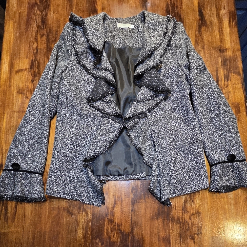 Melrose Cascade Ruffle Blazer Bell Sleeves Charcoal Grey Button Accent Size 10